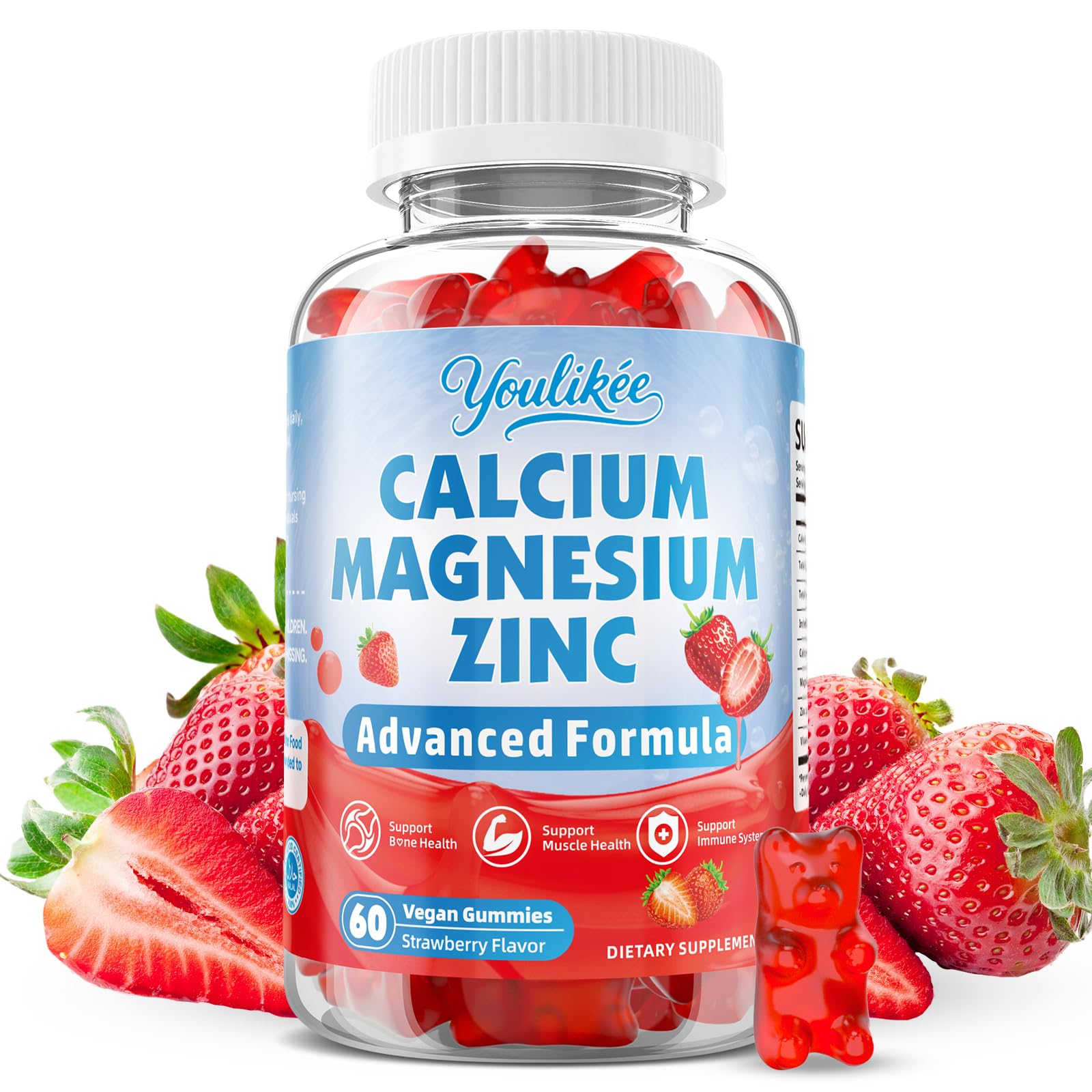 Calcium Magnesium Zinc Gummies for Adult, Calcium Citrate with Vitamin D3, High Absorption Calcium Magnesium Supplement for Women & Men, Sugar-Free, Strawberry Flavor, 60 Count