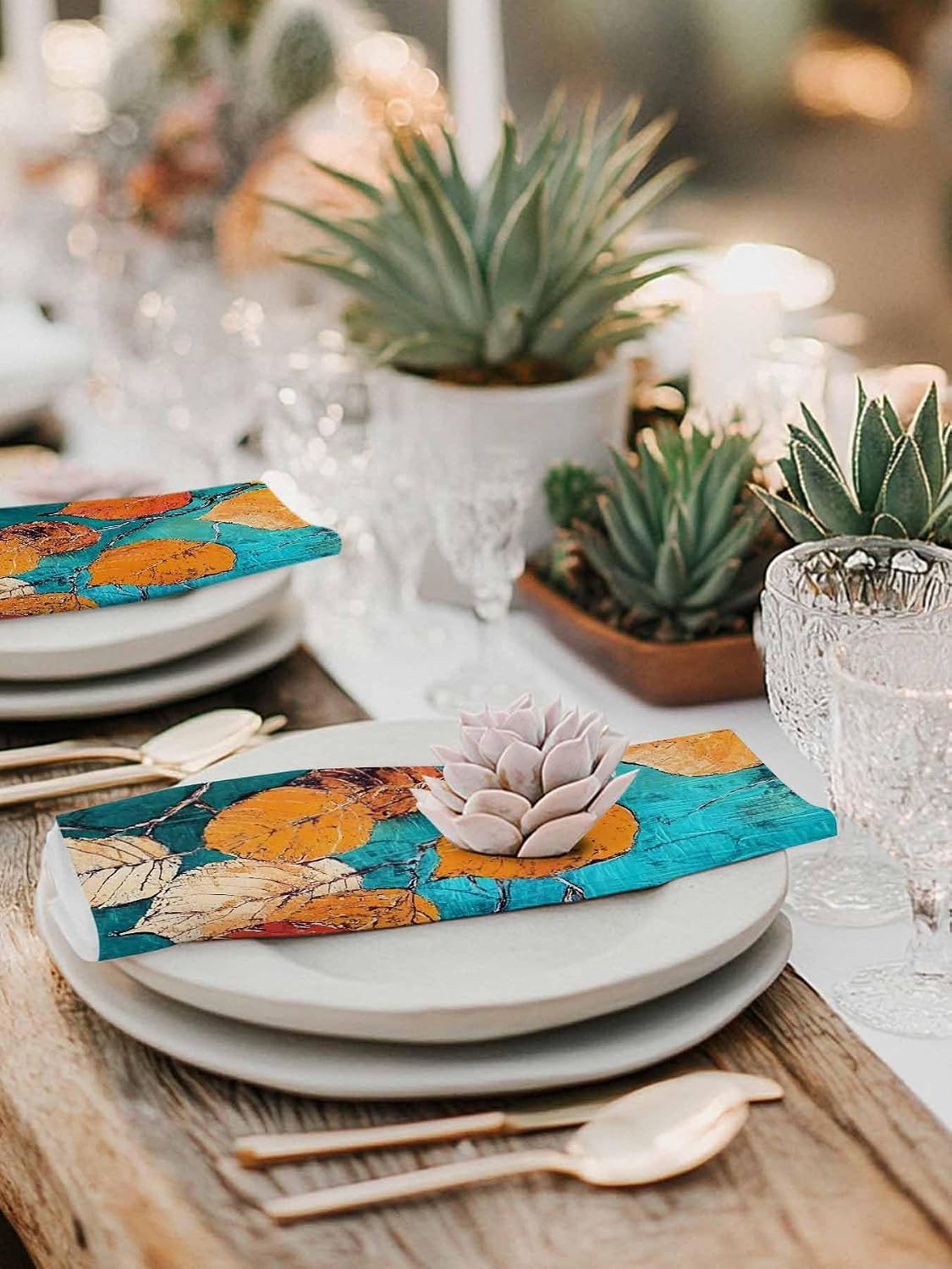 Cloth Napkins Set of 6-20x20 Inches, Orange Leaf Washable Reusable Table Napkins, Abstract Oil Painting Branch Turquoise Soft & Absortbent Dining Napkin for Party Wedding Hotel Restaurant