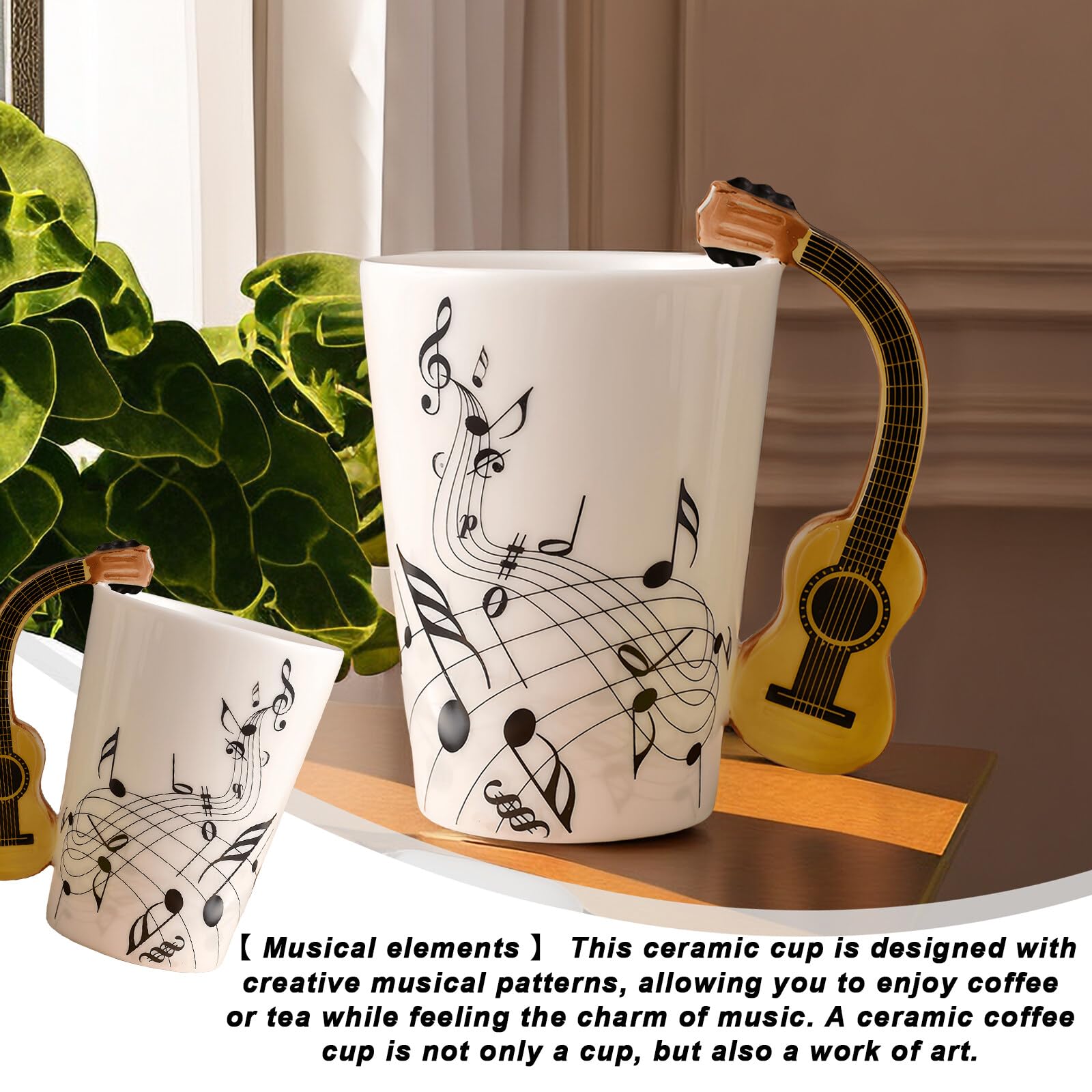 Keramik Kaffeetasse Mit Gitarren-Henkel – Personalisierte Tasse Mit Musiknoten, 280 Ml, Spülmaschinenfest & Mikrowellengeeignet
