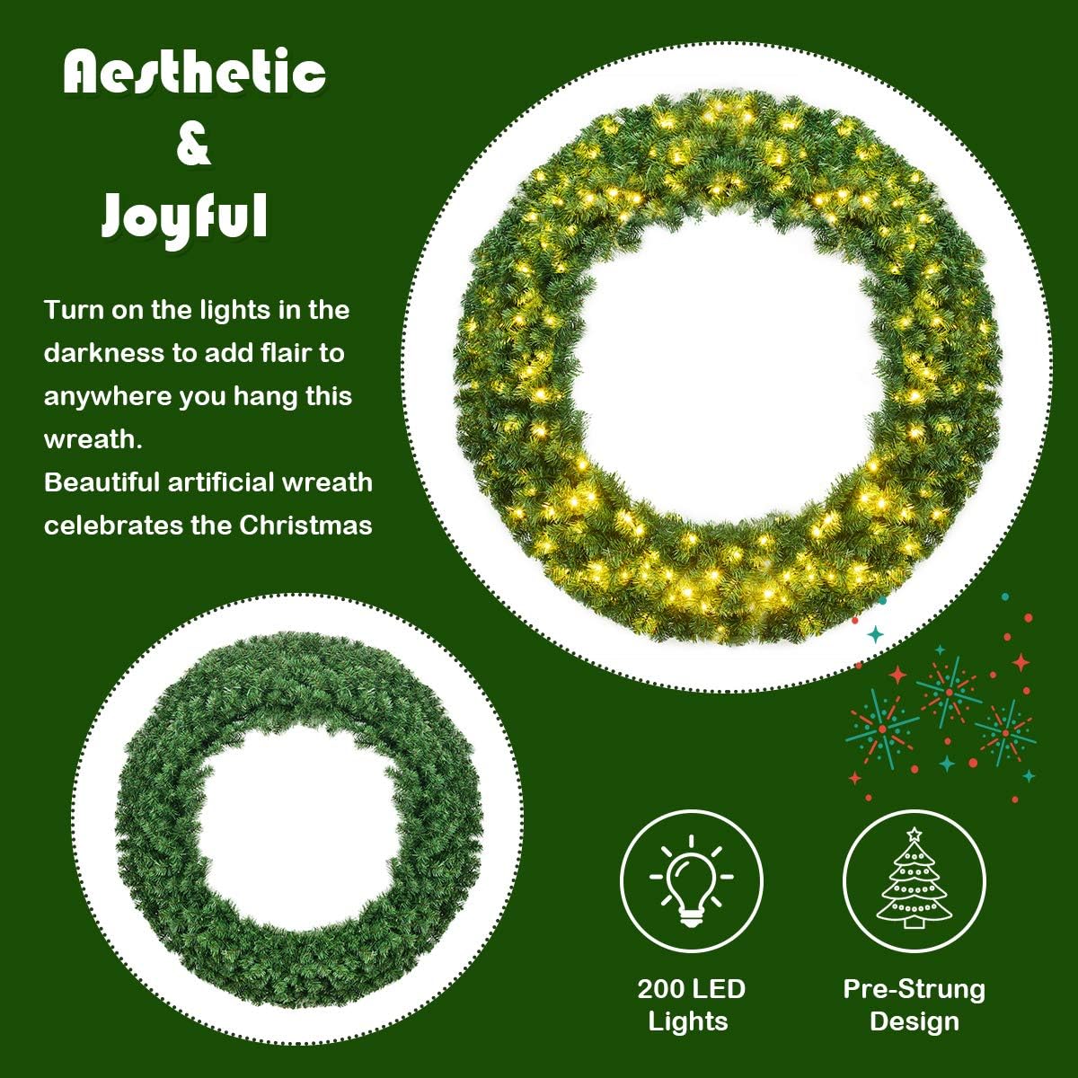 Goplus 48 Inch Large Pre-Lit Christmas Wreath, Battery Operated Winter Wreaths for Front Door with 200 LED Lights and Timer, Lighted Artificial Hanging Xmas Wreath for Windows Wall Mantel Home Decor