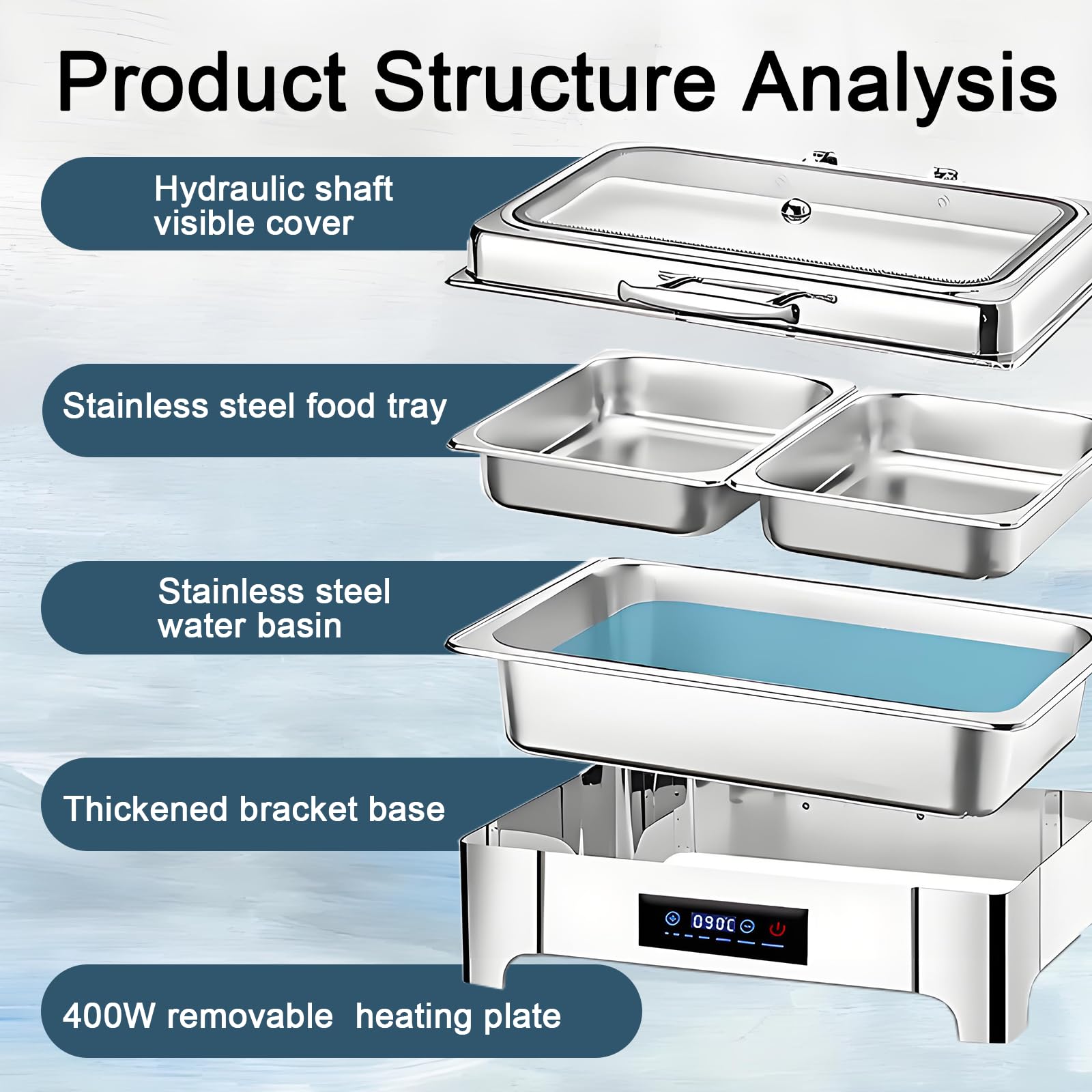 Chafing Dish Elettrico Temperatura Regolabile, 9L, 400W(1/2 Pan) | Scaldavivande Elettrico Buffet Professional in Acciaio Inox, Scaldavivande Catering Buffet con Coperchio Trasparente