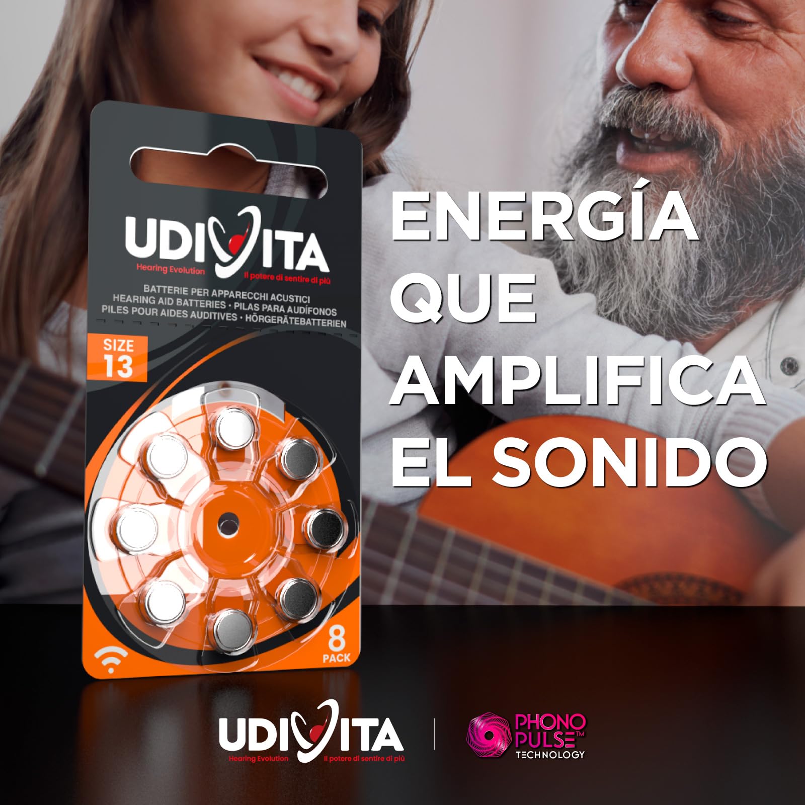 80 Pilas para Audífonos Tamaño 13 Udivita PR48 (Naranja) Zinc-Aire con Tecnología Phono Pulse - 10 Blísteres de 8 Pilas