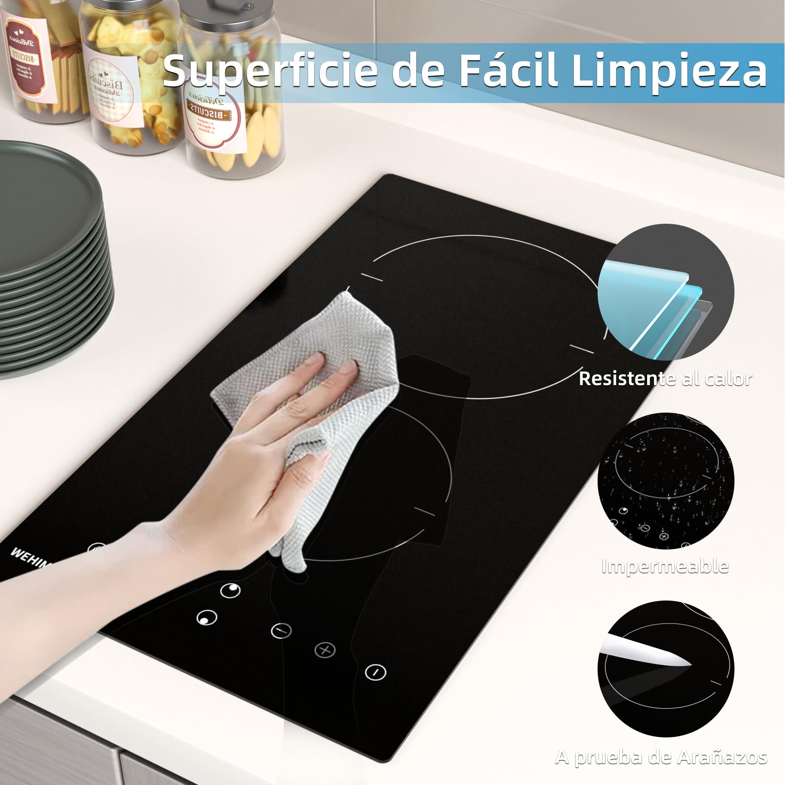 Placa Vitrocerámica 2 Fuegos Potencia 3000W Bloqueo Infantil,9 niveles de Potencia,Control Táctil,Indicador de Calor,Temporizador