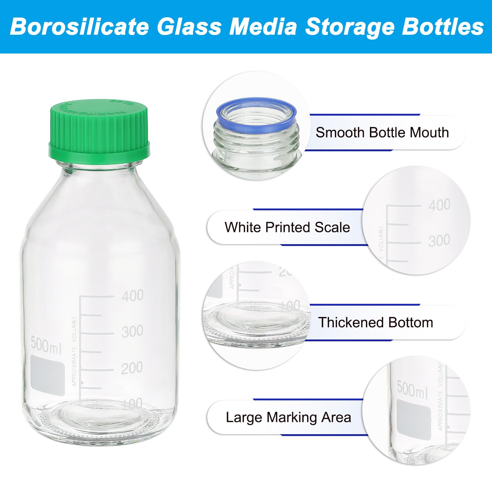 PATIKIL 4 Flacons De Stockage De Réactifs, 500ml Bouteilles Graduées En Verre Borosilicaté Avec Bouchon Vis GL32 Vert Pour Liquides Réactifs De Laboratoire, Transparent