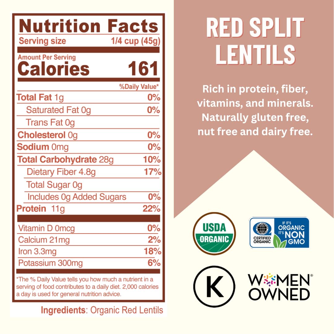 Mountain High Organics Certified Organic Dried Red Split Lentils, Bulk, Sproutable, Masoor Dal, Non GMO, Vegan, Plant Based Protein and Fiber,25 lb (Pack of 1)