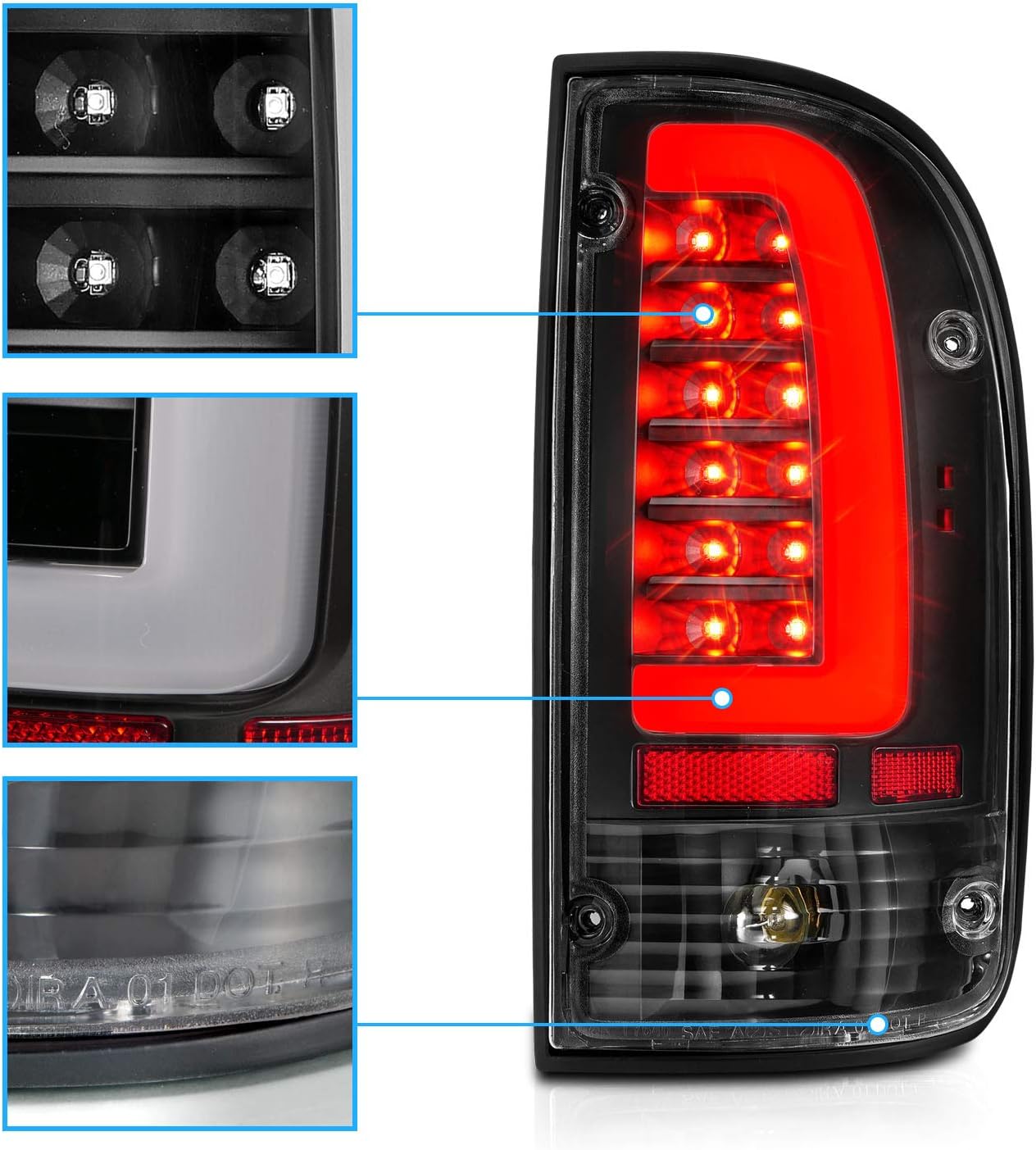 AmeriLite for 1995-2000 Toyota Tacoma Pickup C-Type LED Tube Black Replacement Tail Light Brake Lamp Set - Driver and Passenger Side