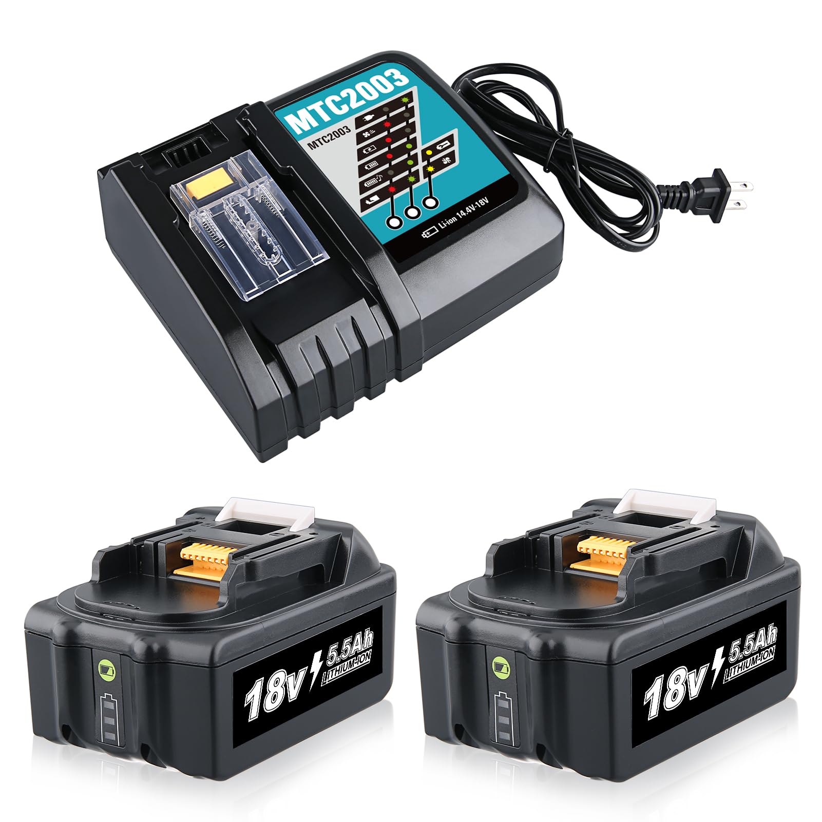 VANTTECH 2Packs BL1850B 18V 5.5Ah Lithium Replacement Battery & DC18RC 3A Fast Charger for 14.4V-18V Battery Compatible with Makita BL1850B BL1850 BL1860 BL1860B BL1840 BL1815 BL1830 LXT-400
