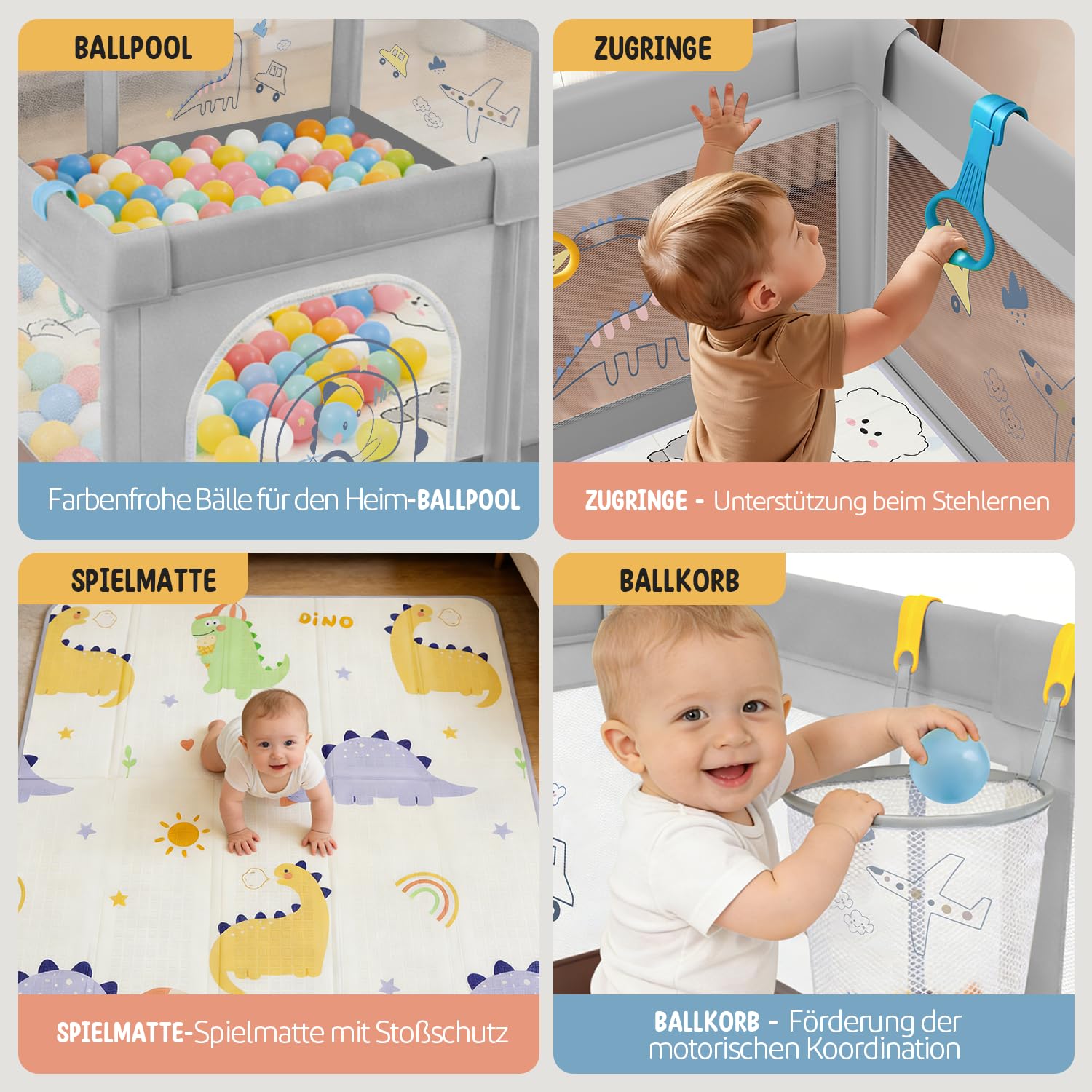 Laufstall Baby 120x120 mit Matratze, Laufgitter mit 360°Atmungsaktivem Netz, Oxford-Stoff, Rutschfester Basi, Sicher Aktivitätszentrum für Kinder, 60Ozeanbälle/4 Zugringen, Grauer Dinosaurier