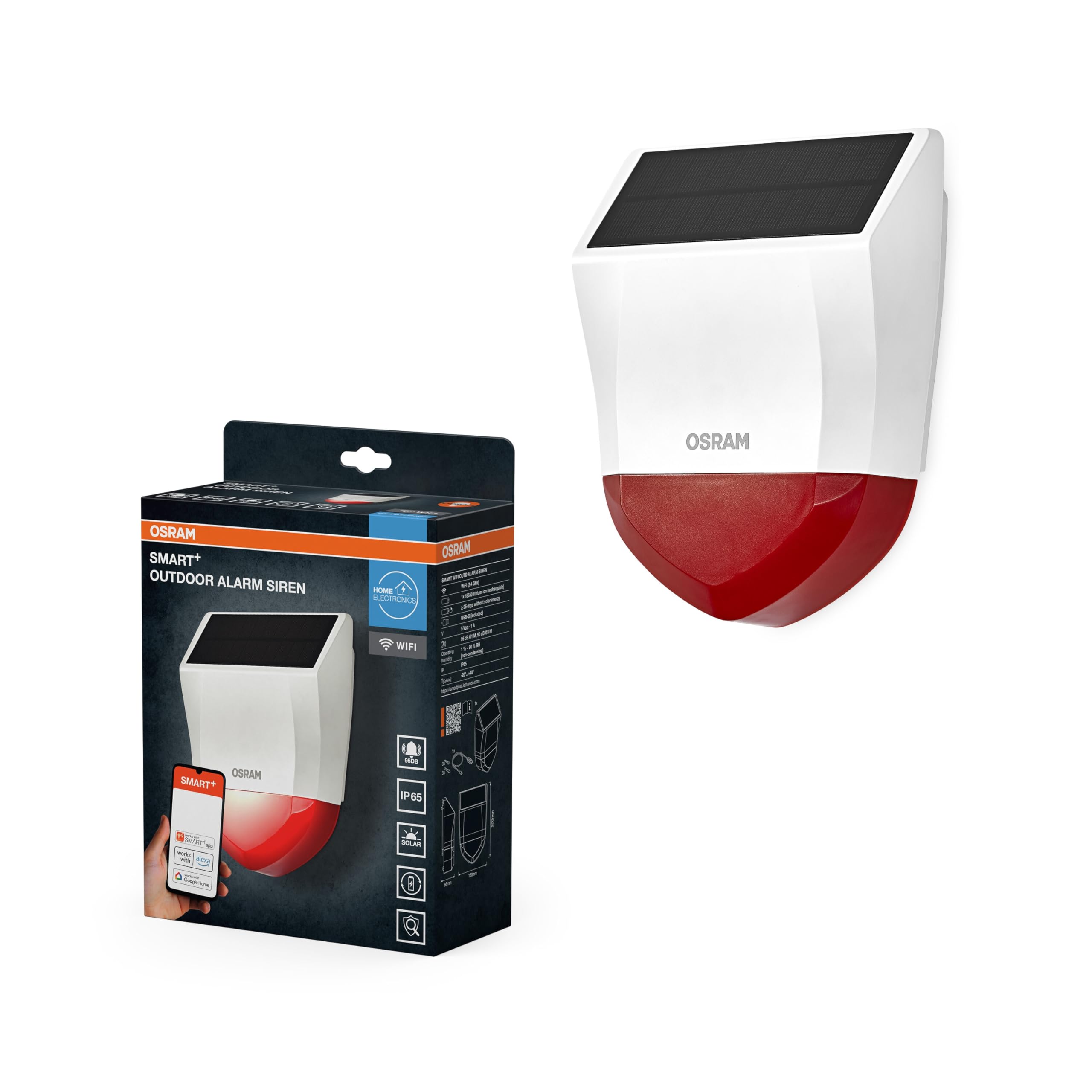 Osram SMART+ WiFi Sirena Esterna, 95dB, SOLARE, Ricaricabile, 2 Altoparlanti, Anti-sabotaggio, IP65, Controllo tramite App, Alexa/Google
