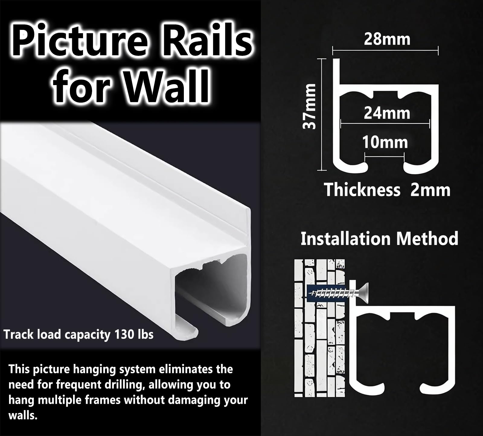 cuelga cuadros Colgación de arte con riel aluminio blanco, ganchos ajustables murales 40" 60" oficina, soporte exposición obras galería(White 60" Rail,3.3'/1m Cord)