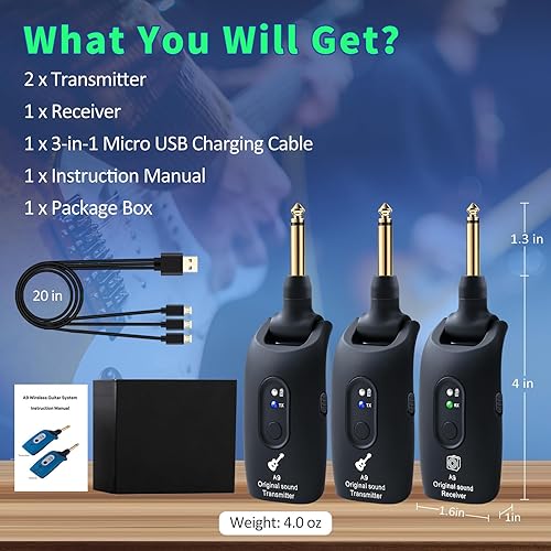 Miniatura 26 de Sistema de guitarra inalámbrico de 2.4 GHz, receptor transmisor inalámbrico de audio recargable para guitarra, bajo, instrumentos eléctricos, Negro