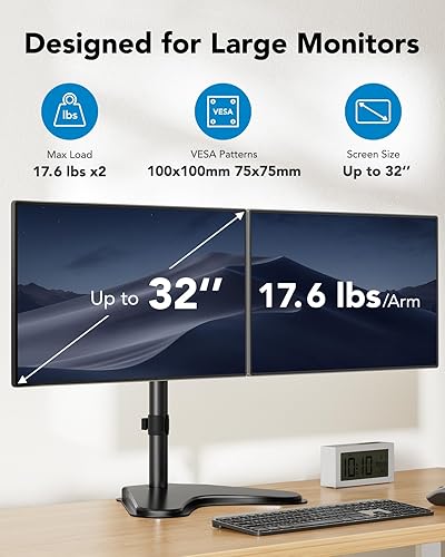 Vista 2 de HUANUO 32 inches Dual Monitor Stand up to 17.6lbs per Arm, High-Grade Aluminum Free-Standing Dual Monitors Mount for 2 Screens. Fully Adjustable