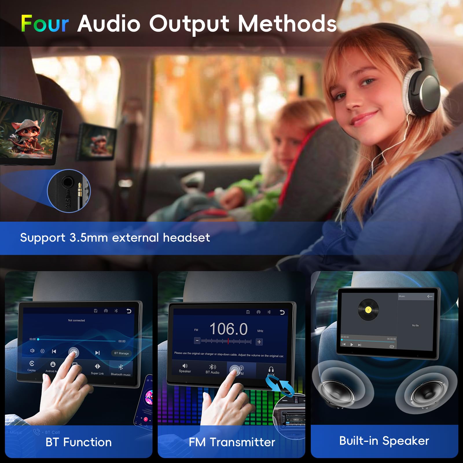 CAMECHO 10.1 Pouces IPS HD Écran Tactile Lecteur Portable Voiture, Moniteur Vidéo avec Appuie-tête Compatible Wireless Carplay/Android Auto Super Link Bluetooth FM, Type-C/USB Plug&Play+64G/Carte TF