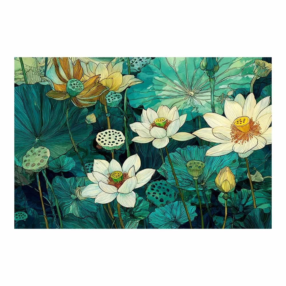 Hoqiu Multicolor Flower Wall Art Canvas Green Lotuses Painting Artwork, Wall Decoration Living Room Bedroom Hallway Stairs Decoration.(Multicolor)-60X80cm Unframed