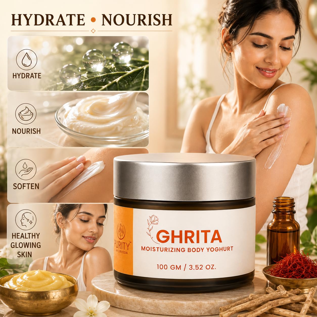 TEFTY Ghrita Moisturizing Body Yogurt | A2 Cow Ghee Kumkumadi Oil Ashwagandha | Deep Hydration Lightweight Non Greasy | Sulfate Paraben Free | 100g 4