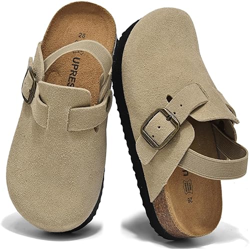 100% Genuine Suede Toddler Kids Clogs with Arch Support, Boys Girls Infant Clogs with Comfort Memory Foam Insole, Non Slip Cork Footbed Mules for Kid with Adjustable Straps