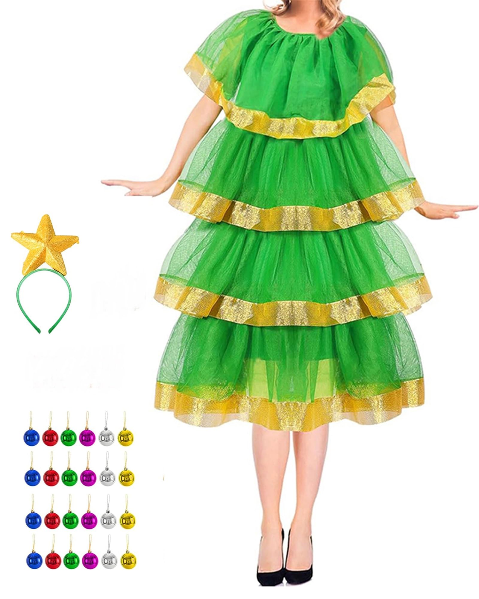 Acrawnni Christmas Tree Costume for Women Christmas Tree Layered Ruffle Tulle Dress with Accessories for Cosplay Party Outfit (A-green, M)