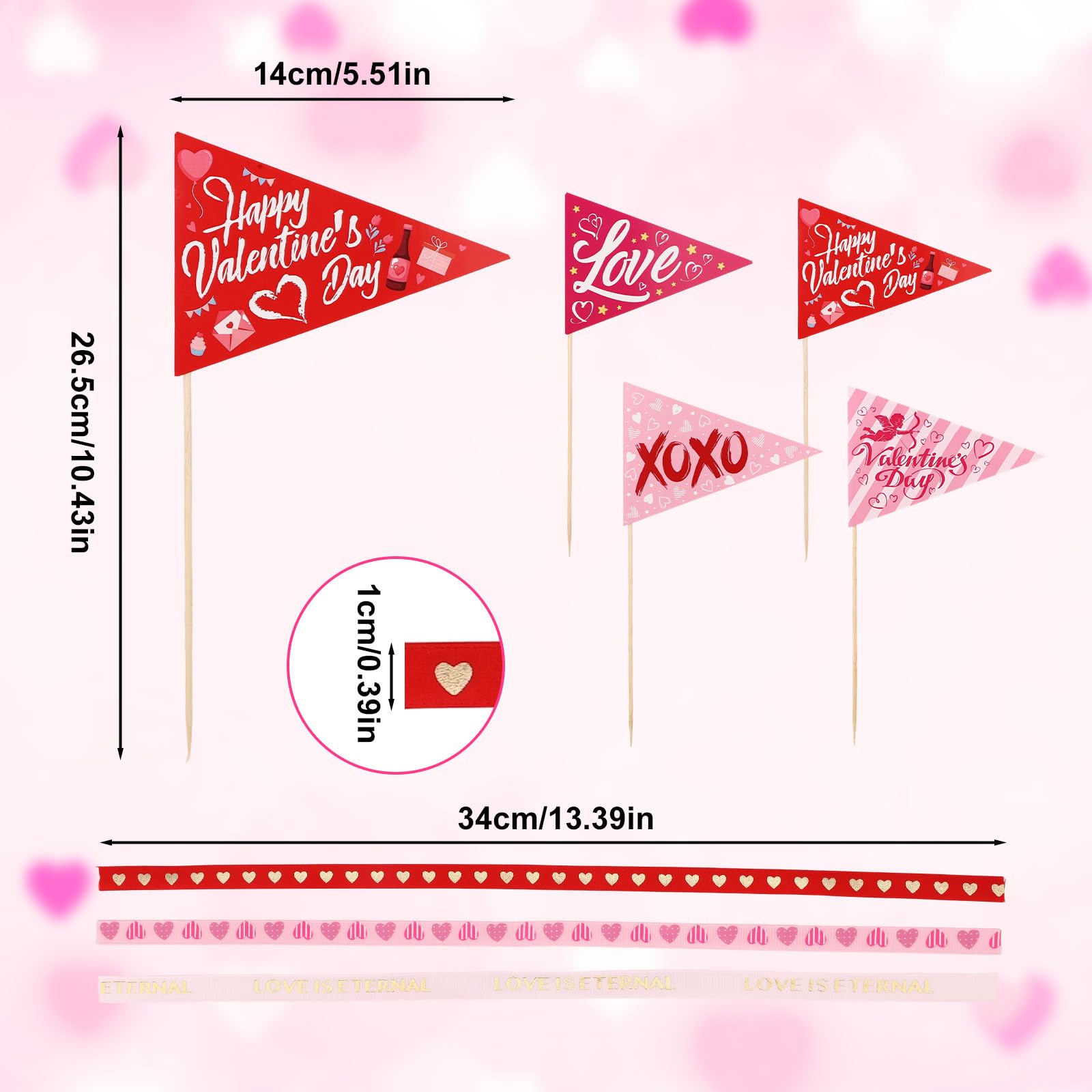 Sinbana 24pcs Happy Valentine's Pennant Flags with Ribbons - Image 2