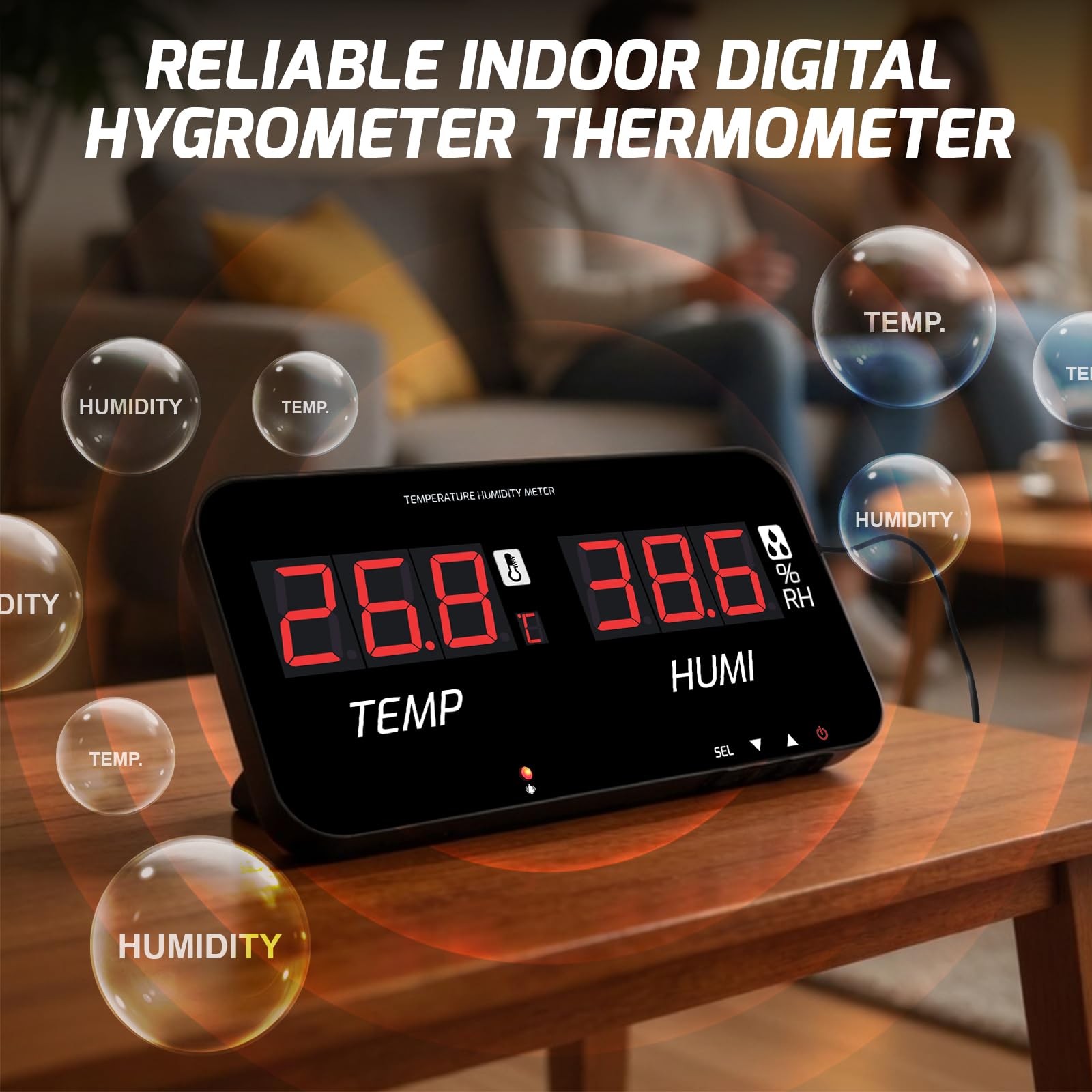 Termómetro higrómetro digital con pantalla LED grande, monitorea temperatura y humedad interiores, alarmas sonoras y visuales ajustables, sonda integrada, USB-C, montaje en pared o en mesa. en la