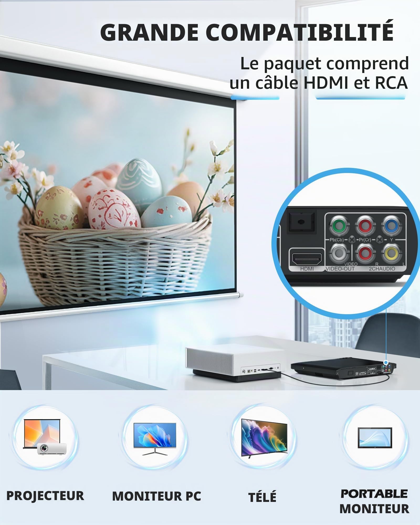 Lecteur DVD pour TV avec HDMI, Lecteur DVD sans région avec système NTSC/PAL, Lecteur de CD pour chaîne stéréo, câbles HDMI/RCA Inclus, télécommande