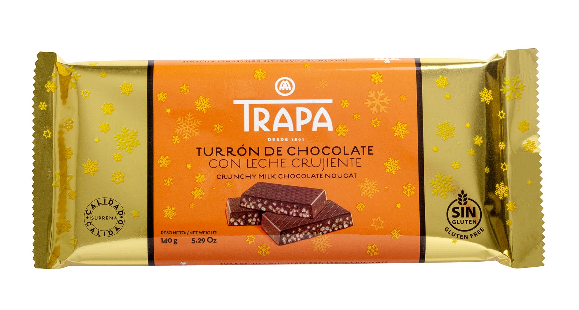 TRAPA | Turrón de Chocolate con Leche Crujiente | 140 g | Sin Gluten y Sin Aceite de Palma