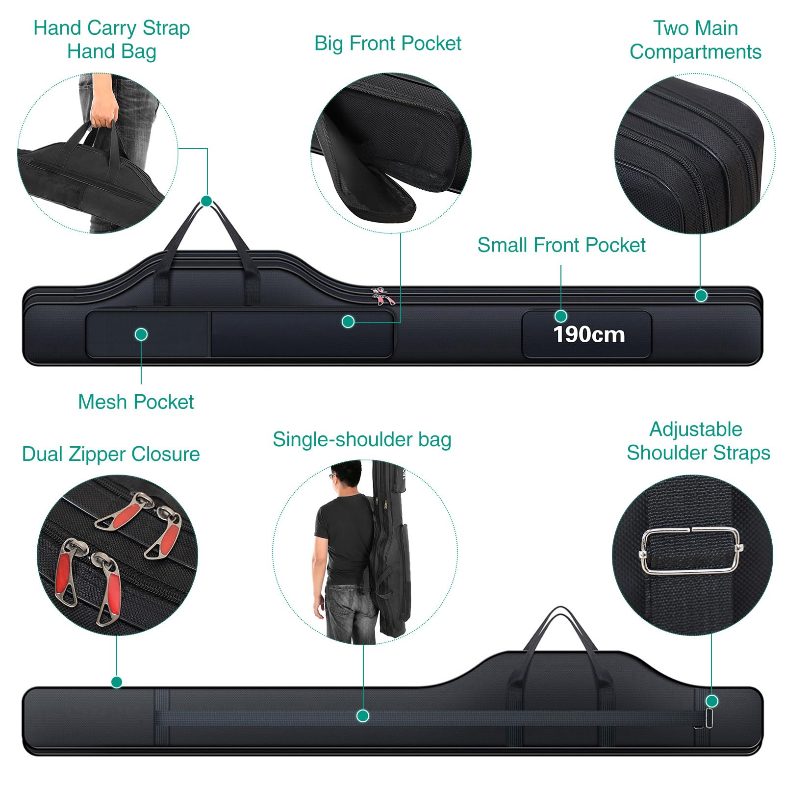 Dilwe Estuche para Caña de Pescar, Tela Oxford 420D, Capacidad Espaciosa, Bolso de Hombro único para Caña de Pescar Portátil para Exteriores (1,9 m)