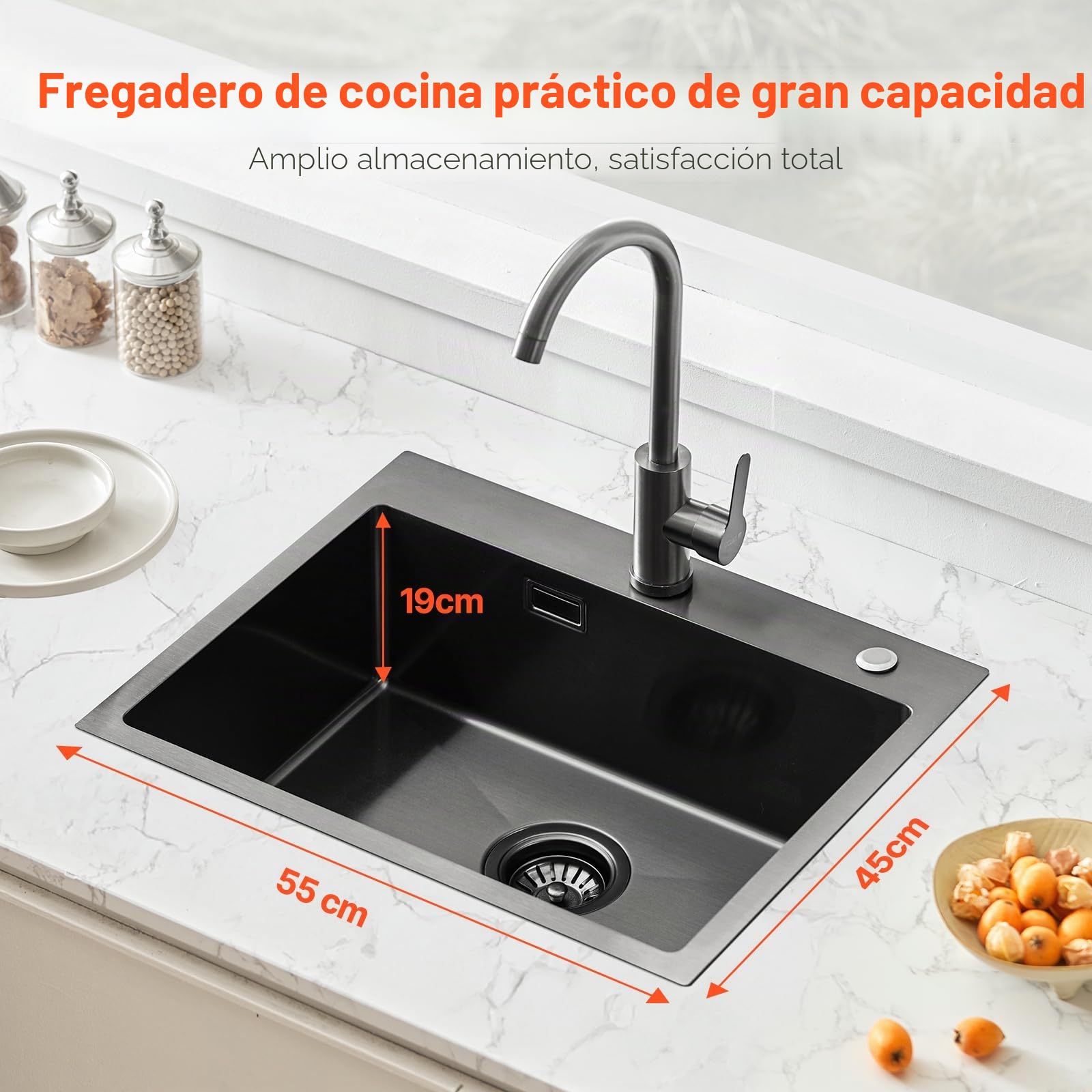 VEVOR Fregadero de Cocina con Montaje Superior de Acero Inoxidable 304, con Accesorios, Fregaderos de Lavavajillas Domésticos para RV, Cocina de Preparación y Barra, Negro, 550 x 450 x 190 mm