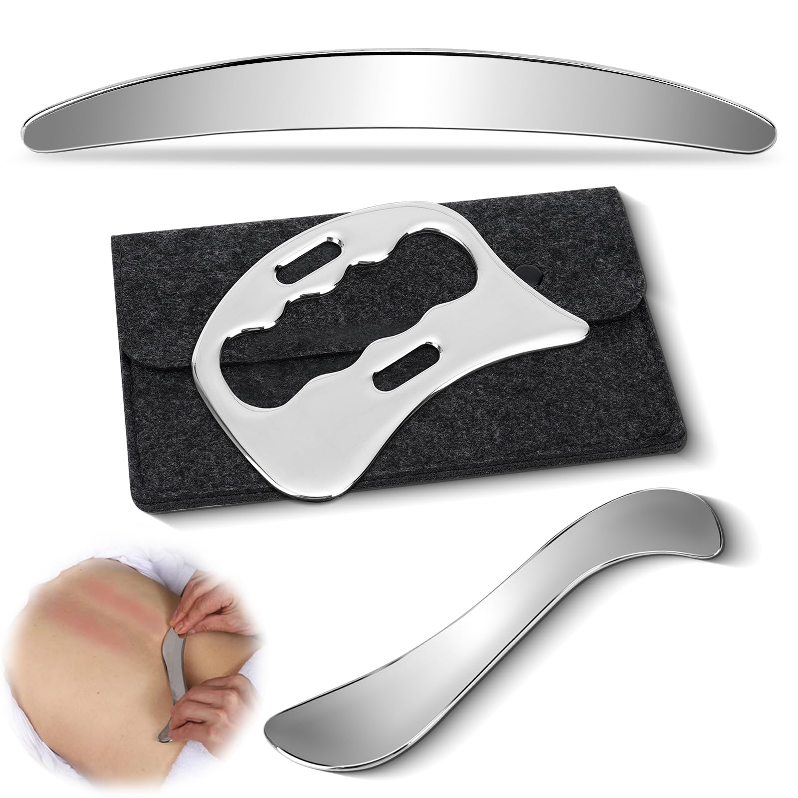 3 Pcs Outils de Gua Sha en Acier Inoxydable, GuaSha Corps pour Visage, Détendre les Muscles Elimination de Fatigue, Drainage Lymphatique, Grattage Musculaire Grattoir, avec Sac de Rangement