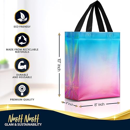 Miniatura 6 de Nush Nush Bolsas de regalo de fantasía  Juego de 12 bolsas reutilizables de arcoíris pastel con acabado iridiscente  Coloridas bolsas holográficas
