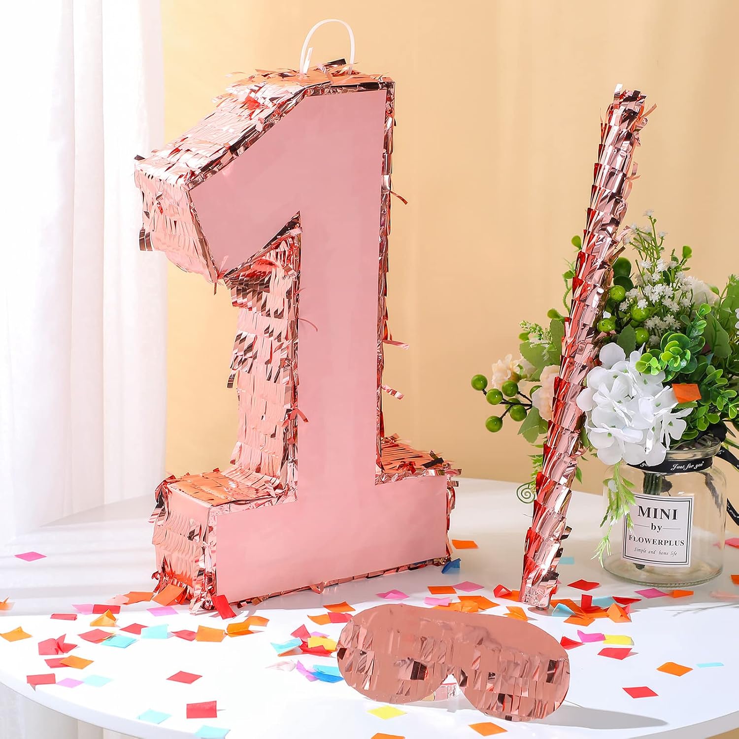 Honoson Number Rose Gold Piñata with Stick Blindfold Confetti, Princess Piñata for Birthday Party Anniversary Celebration Decorations Supplies, 16 x 11 x 3 Inches(Number 1)