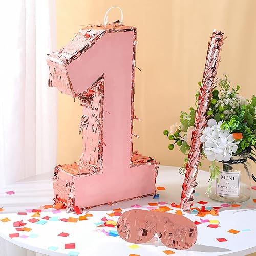 Miniatura 10 de Piñata con número de piñata de oro rosa con palo, confeti de princesa para niñas, fiesta de cumpleaños, aniversario, celebración, suministros de