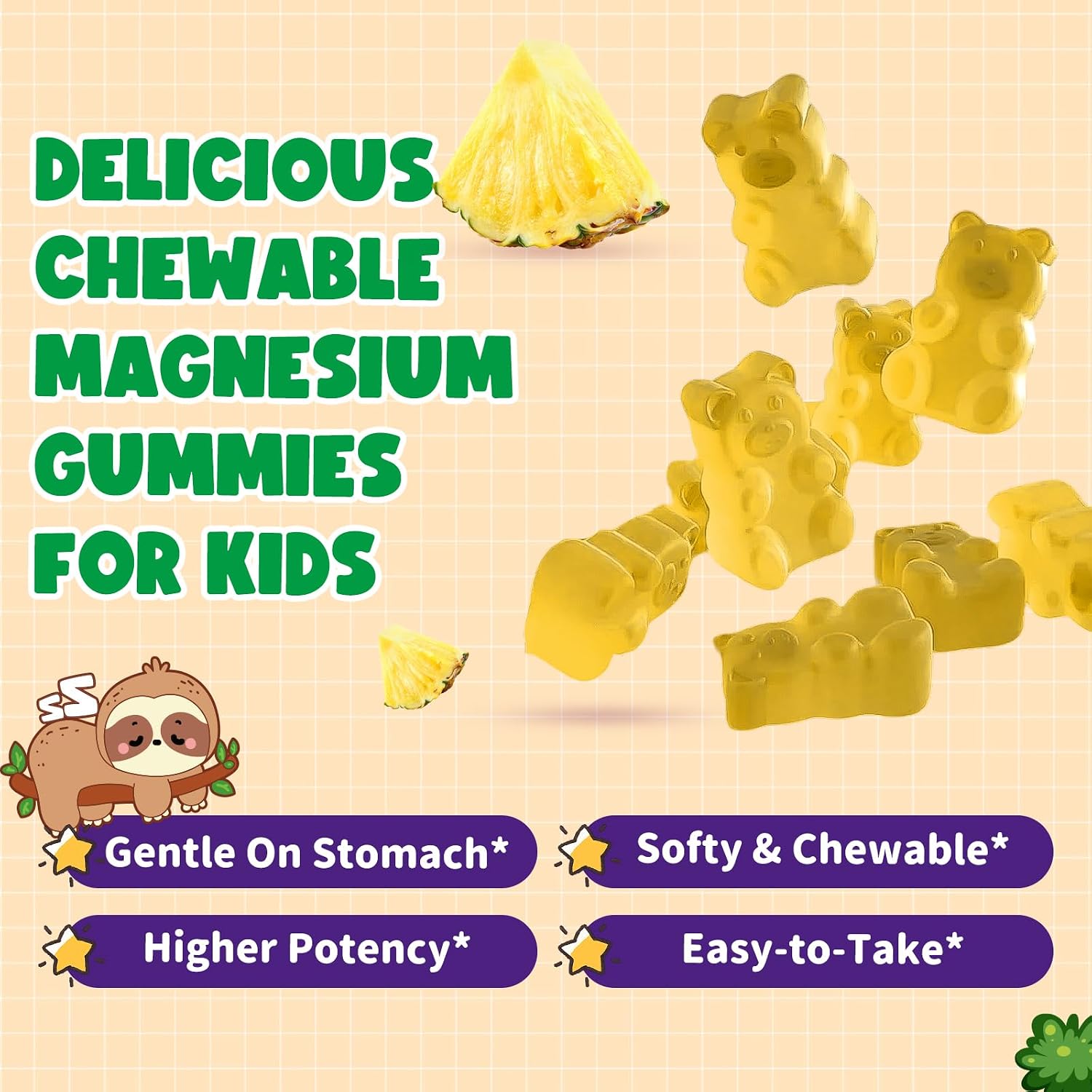 2 Pack Magnesium Glycinate Gummies for Kids - Magnesium Gummies with Vitamin D3, B6, Potassium & Ashwagandha for Kids & Adults Relaxation, Sleep, Brain & Bone Health -Sugar Free Pineapple Flavor 60 ct