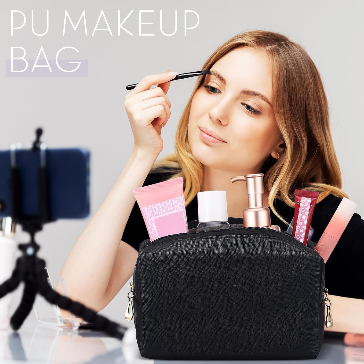 Kigeli 15 Pcs Aesthetic Makeup Bags PU Leather Cosmetic Pouches Waterproof Plain Toiletry Bags Makeup Pouches Bulk for Women Party Gift Travel Storage Organizer (Black) - Image 6