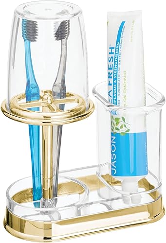 mDesign - Soporte decorativo de plástico para encimera, soporte para cepillos de dientes y pasta dental, con tapa de enjuague, centro dental que