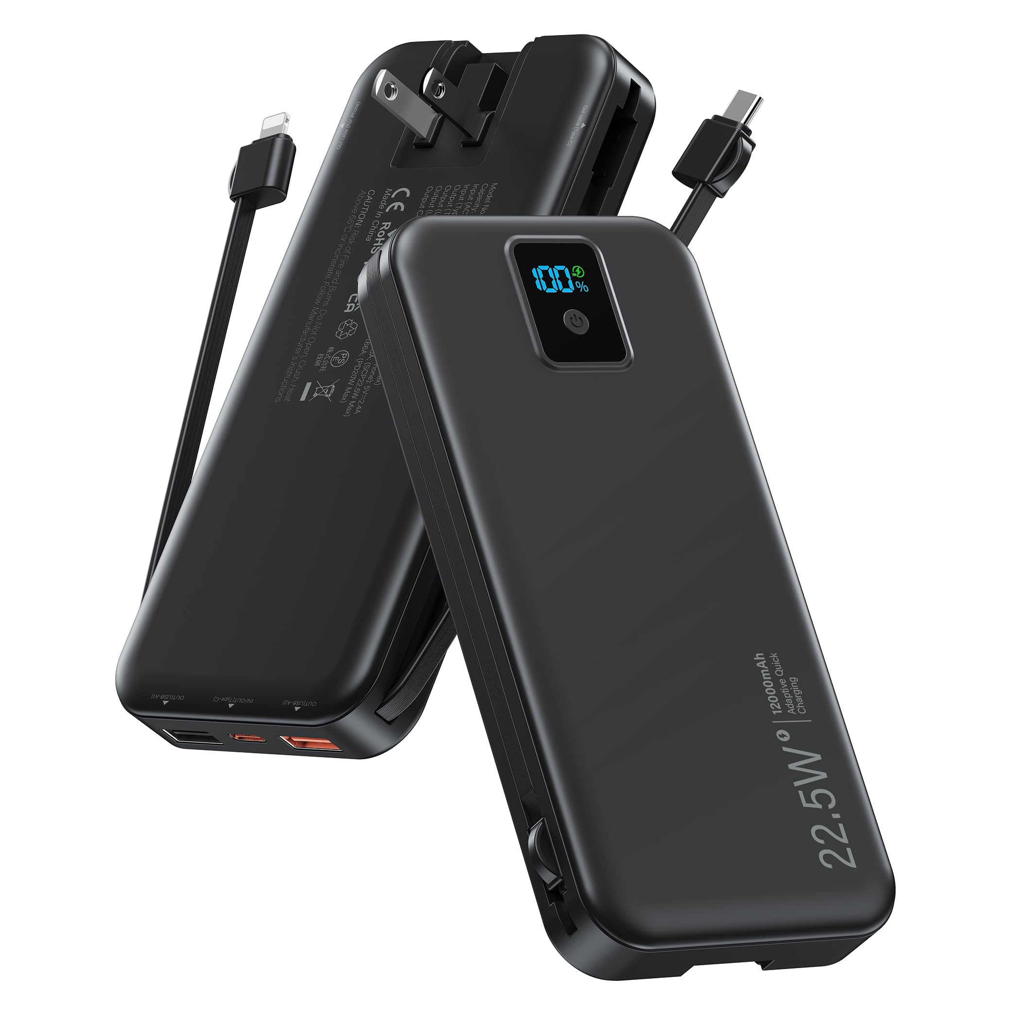 Portable Charger, 12000mAh 22.5W Fast Charging Power Bank with Built-in Cables & Wall Plug, Travel Essentials Battery Pack with LED Display, USB C