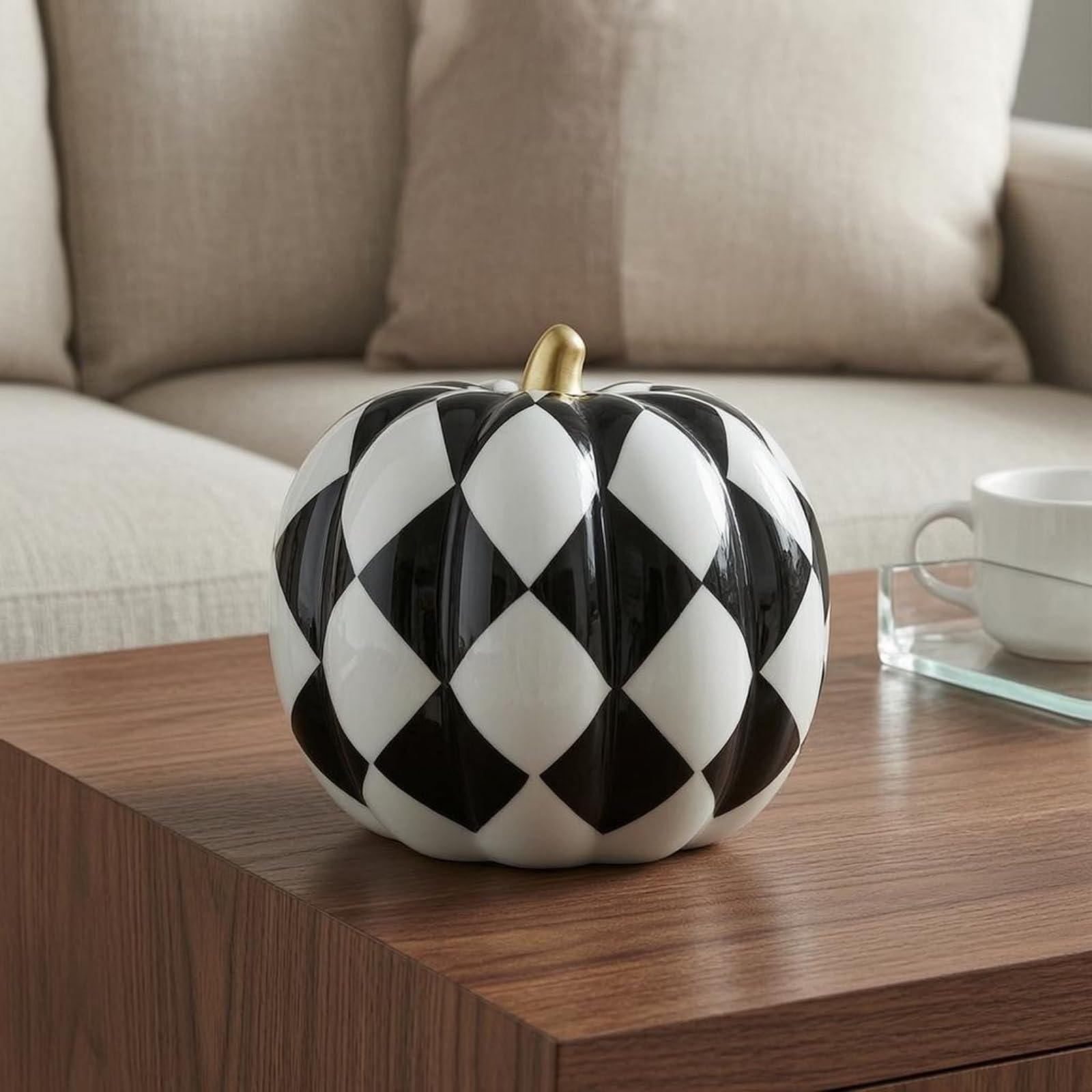 Qianly Figura di Zucca in Ceramica Ornamento da Casa Decorazione Zucca Scultura con Superficie Luminosa E Motivo a Quadri Adatta per Living Scaffalature Consolle Scene 22cmx21cm