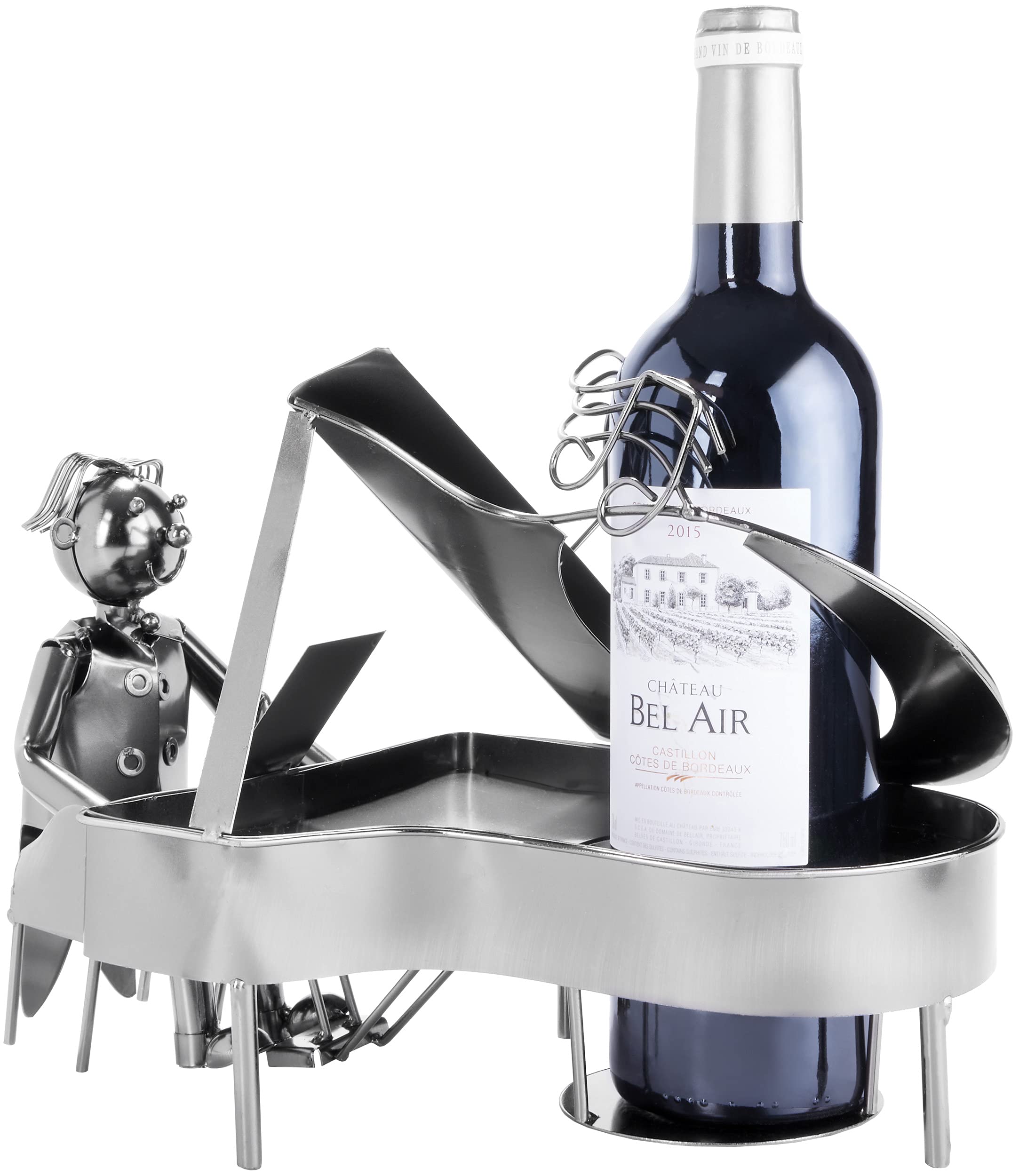 BRUBAKER Wine Bottle Holder 'Grand Piano' - Table Top Metal Sculpture - with Greeting Card