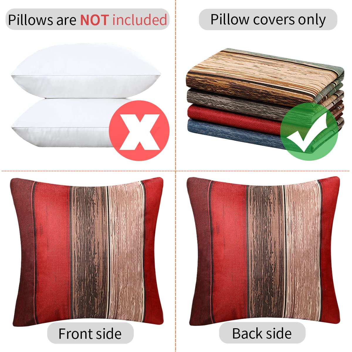 Set of 2 Cushion Covers, 45 x 45 cm, Ombre, Red, Brown, Wood, Linen Look, Stripes, Outdoor Waterproof Cushion - Image 2
