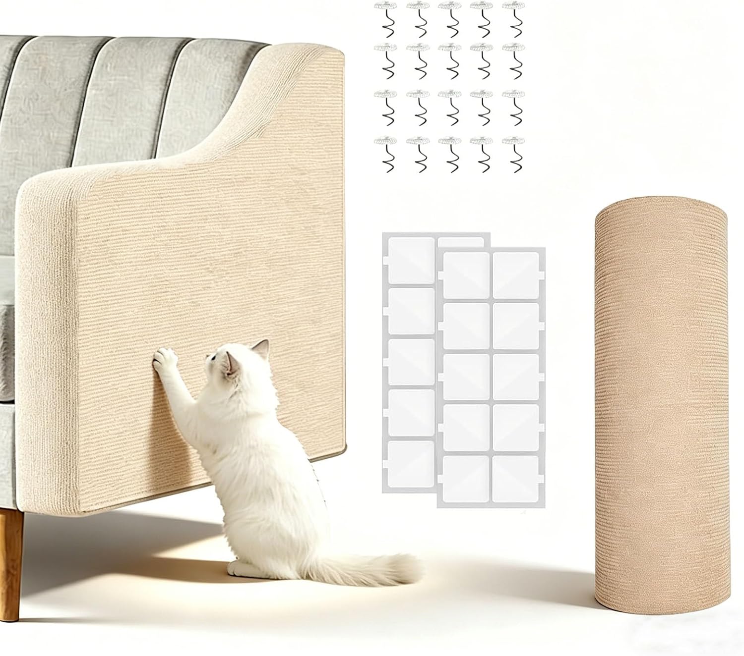 Cat Scratch Couch Furniture Protector-118''x15.8'' cat Scratch Mat for Couch Furniture and Wall Protector,Trimmable Self-Adhesive DIY Climbing Cats Scratcher Couch Protector（Khaki）