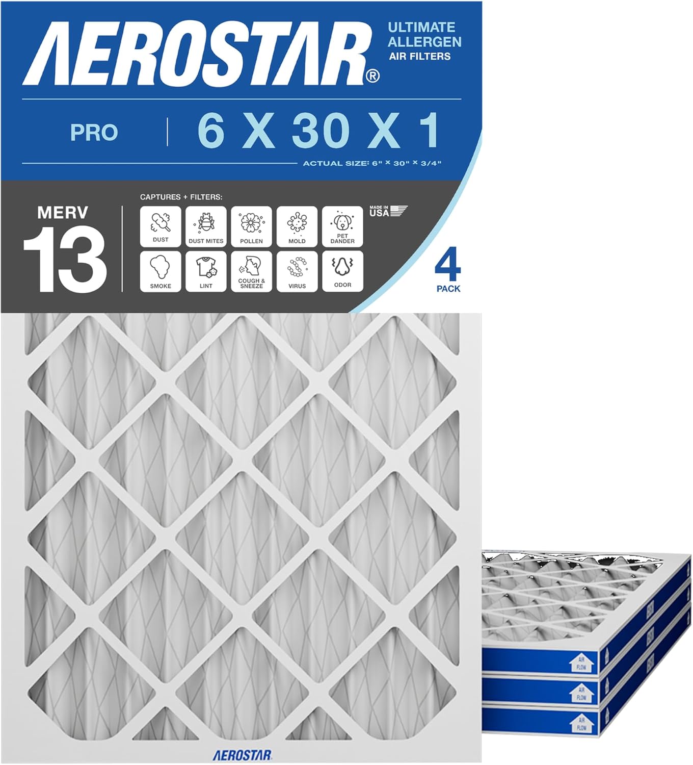 Aerostar 6x30x1 MERV 13 Pleated Air Filter, Allergen and Bacteria Defense (4 Pack), Actual Size: 6x30x0.75