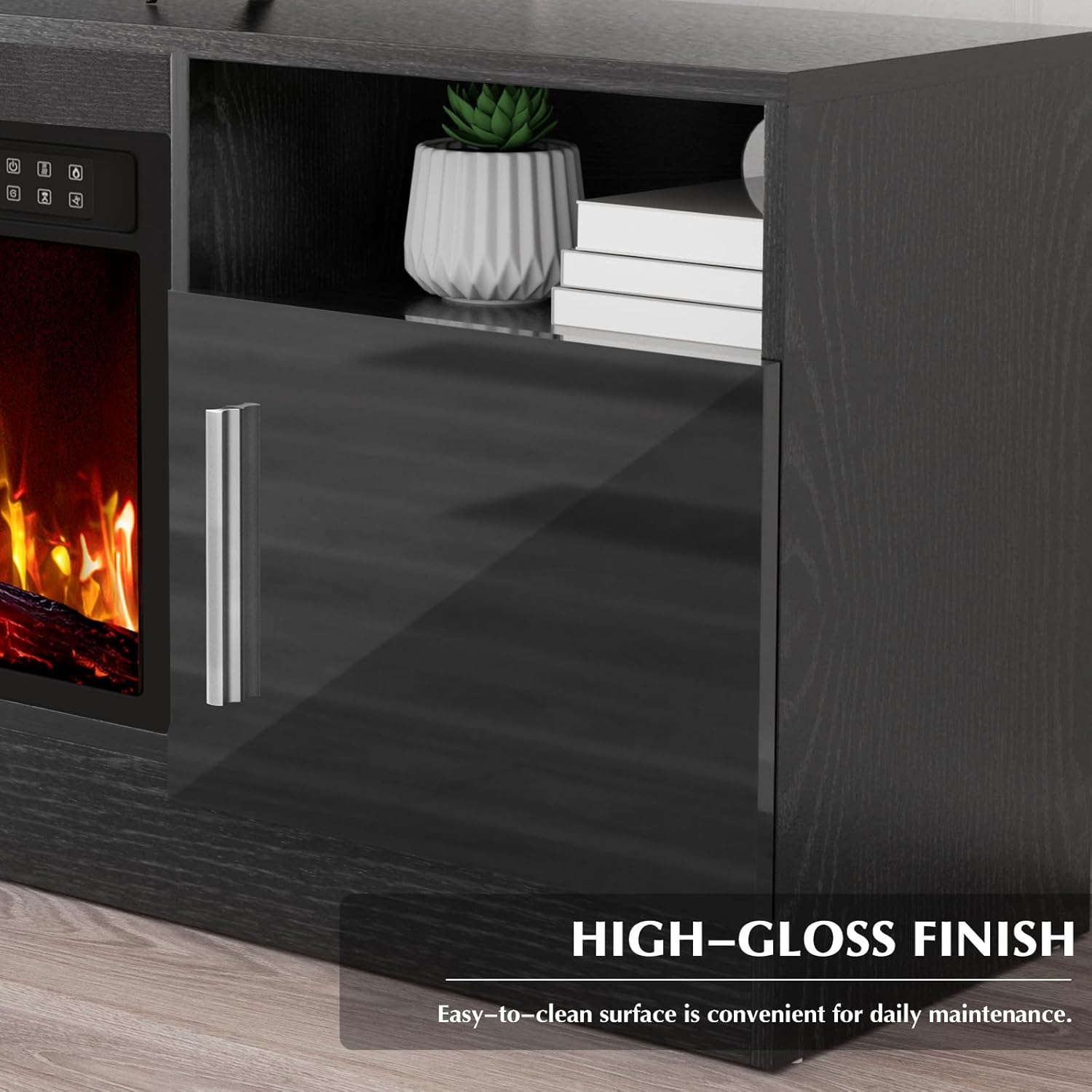 Close-up of the TV stand's high-gloss finish