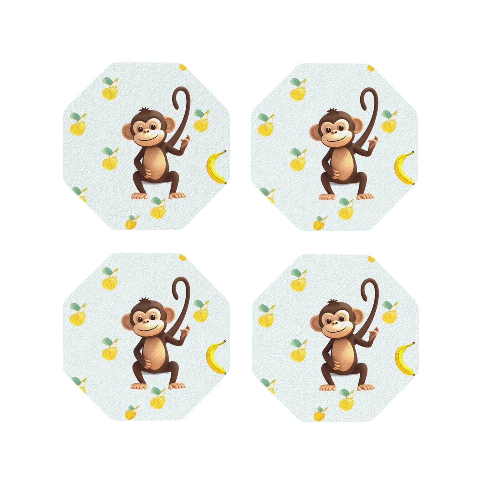4pcs Drink Coasters for Tabletop Protection, 4" Leather Coasters for Drinks, Monkey and Banana Cup Coasters for Coffee Table Decor, Non-Slip Drinking Cup Mat for Hot Or Cold Drink