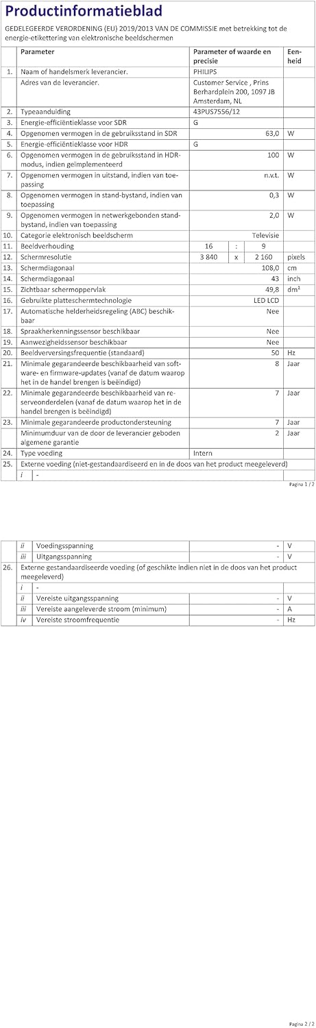 Technical specification sheet for Philips 43PUS7556/12 TV in Spanish