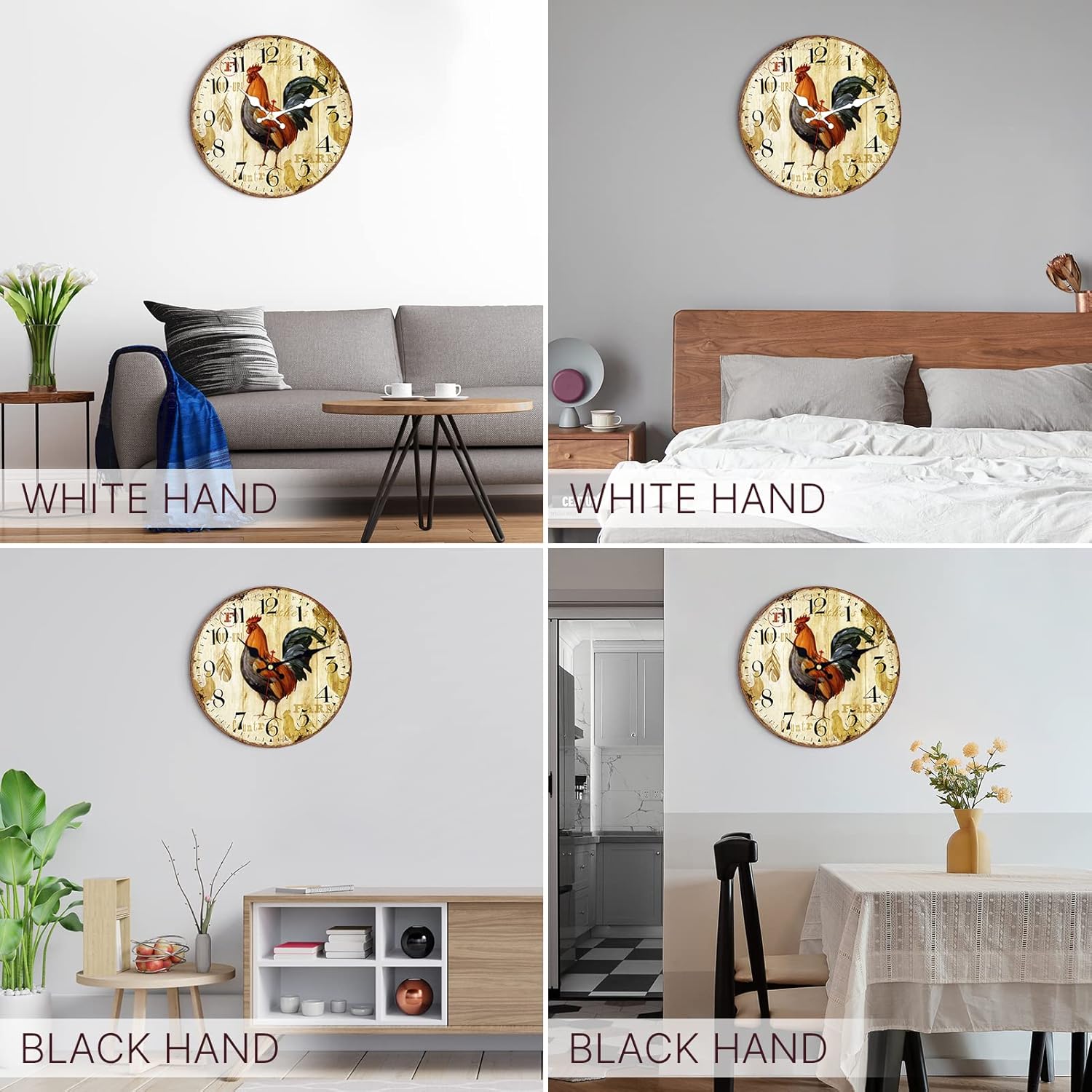 VIKMARI Arabic Numerals Wall Clock Rustic Rooster Style Silent Non-Ticking Quartz Wooden Clock 14 Inch Art Wall Decorative Large Wall Clock for Living Room Bedroom Kitchen and Office
