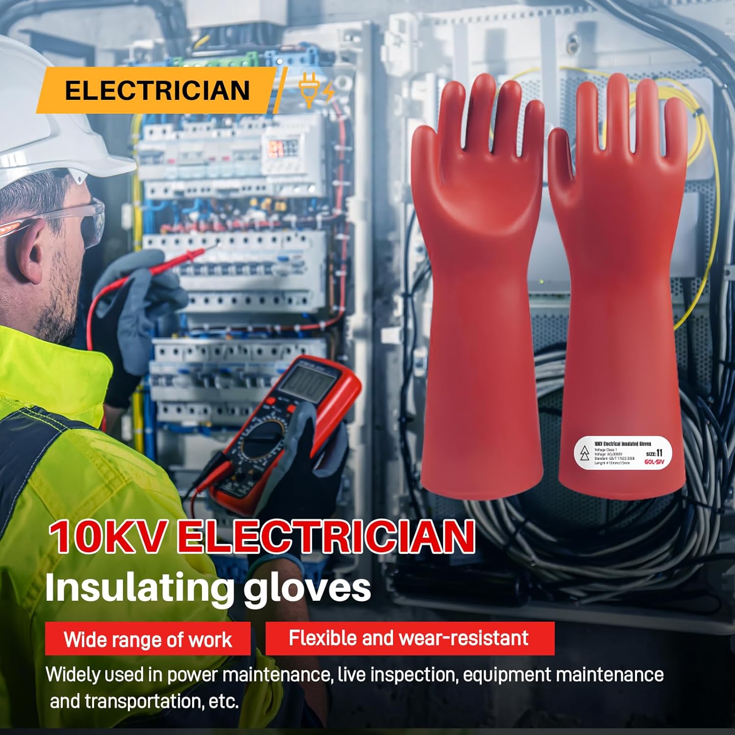 Insulated Electrician Gloves -Class 1 ASTM Compliant High Voltage Rubber Electrical Work Gloves For Men Work Electrical Safety Gloves3000V AC