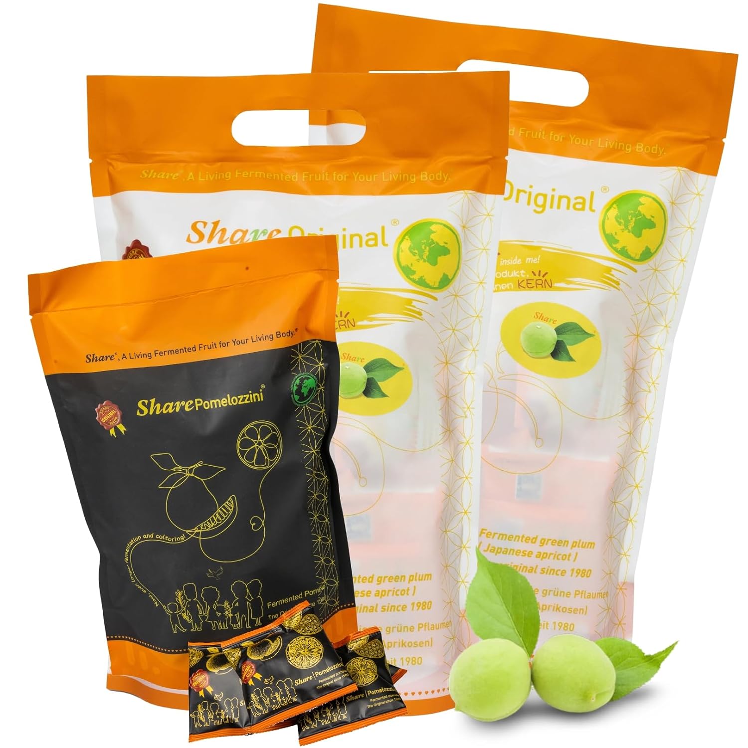 Share® Fermented Fruit Bundle – 2× Share Original® Fermented Green Plum 1.1 lb + 1× SharePomelozzini® Fermented Pomelo 0.375 lb | 30+ Months Naturally Fermented | Vegan, Lactose-Free