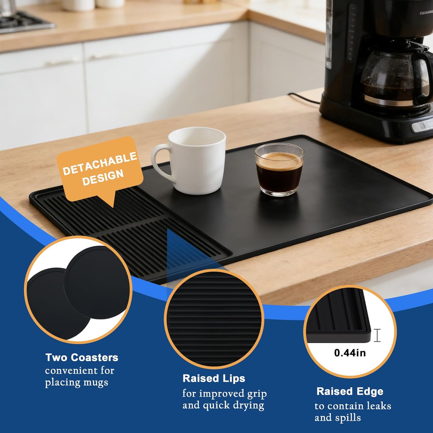 Mrcrypos Silicone Coffee Mat 16X24in Black - Non-Slip Espresso Countertop Mat, Spill Proof Coffee Bar Mat for Kitchen Station with Detachable Dish Drying Mats Fit Cafes & Office Countertops