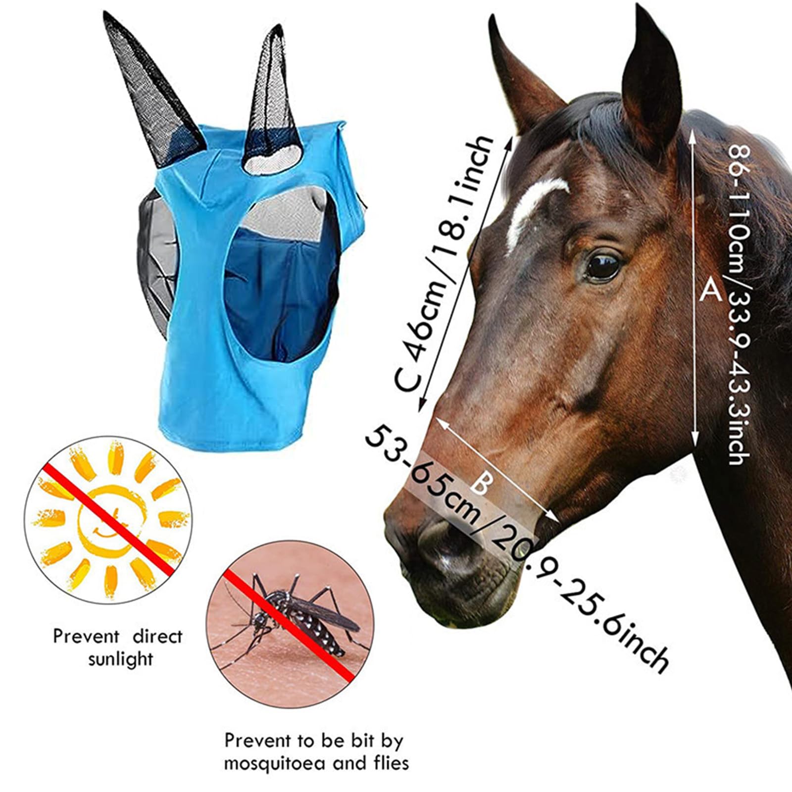 Máscara de Mosca de Caballo, Máscara Antimoscas para Caballo, Máscara de Mosca con Malla Transpirable, Anti-UV, Antimosquitos, Insectos, Máscara de Freno Elástica (Azul)
