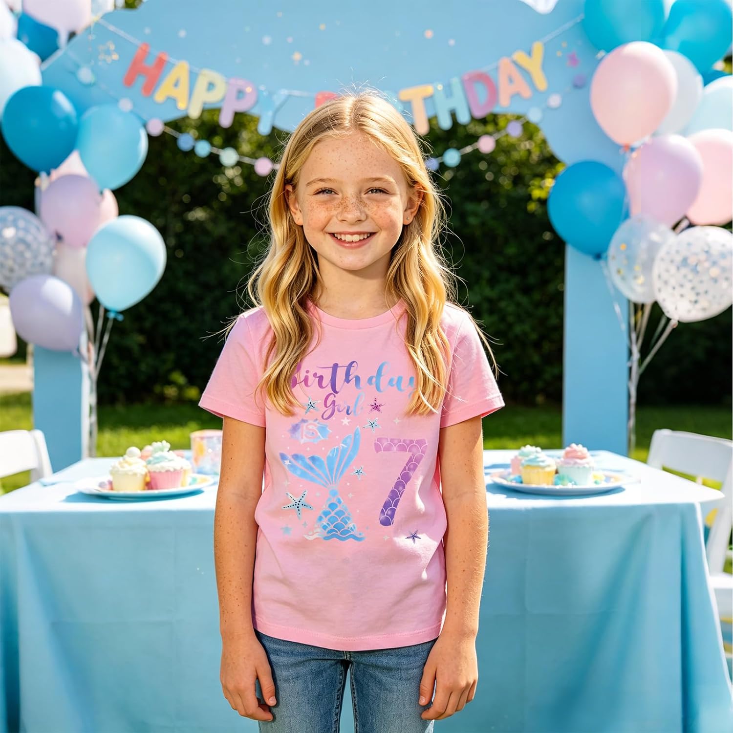 GLIGLITTR Birthday Girl Shirt 1-10 Years Old Birthday T-Shirt Toddler Girls Mermaid Oufit Kids Bday Short Sleeve Tee Tops