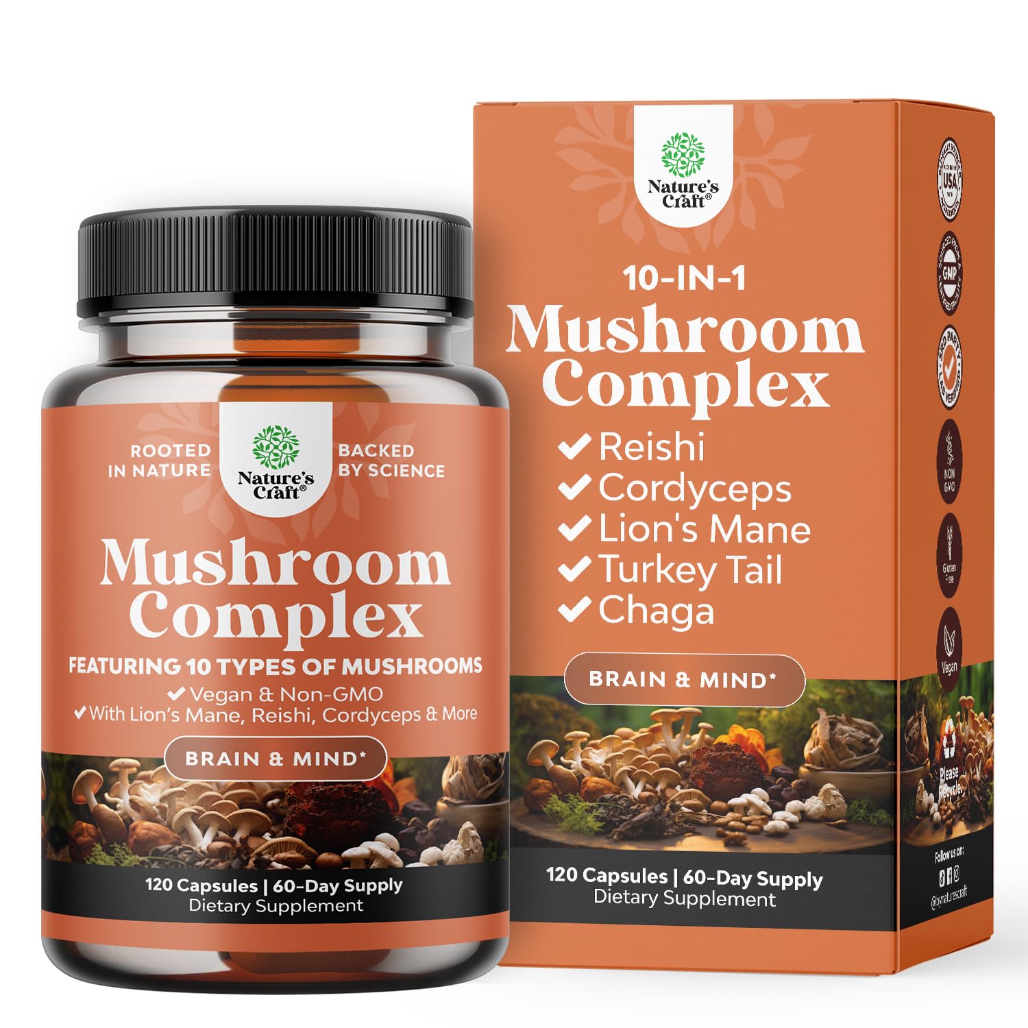 Advanced Mushroom Complex Capsules - 10X Lions Mane Supplement Capsules with Reishi, Chaga, Maitake & Shiitake for Brain Health Memory Support & Focus - Nootropic for Mental Clarity - 120 Caps